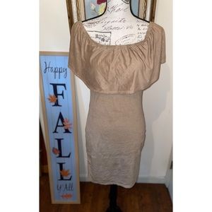 Women’s tan beige off the shoulder suede dress, above the knee body con dress
